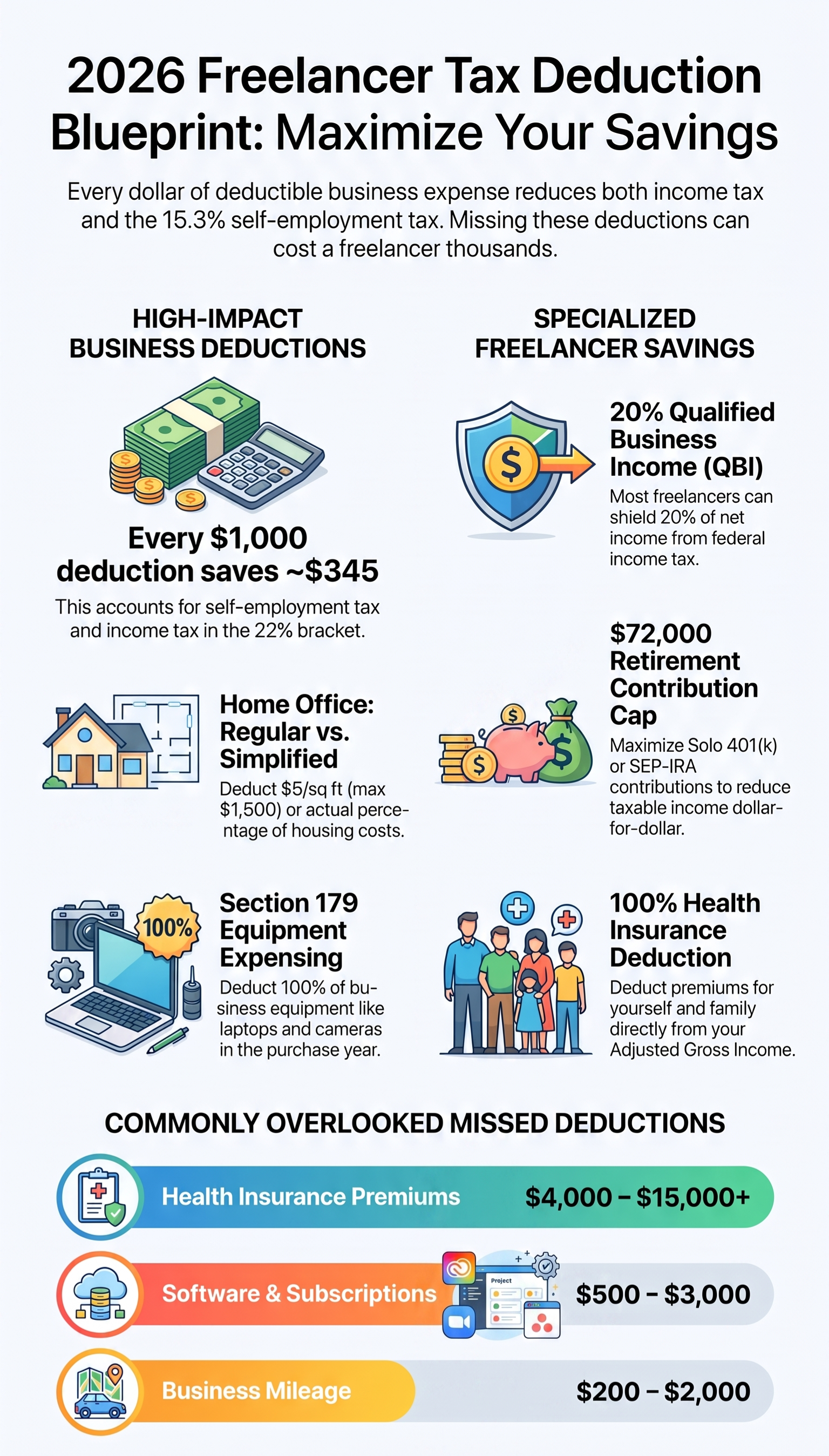 Infographic: 2026 freelancer tax deduction blueprint for maximizing tax savings, covers high‑impact business write‑offs, QBI deduction, retirement contribution cap, Section 179 equipment expensing, home‑office rules, health insurance, software subscriptions and frequently‑missed tax breaks for self‑employed workers