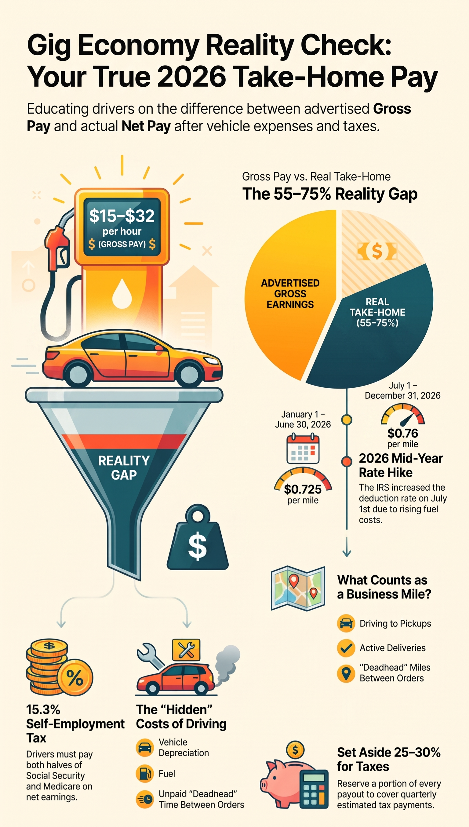  Infographic about gig economy true take‑home pay in 2026, comparing advertised gross income versus real net income for ride‑share drivers, explaining self‑employment tax, vehicle driving costs and IRS business mileage deduction