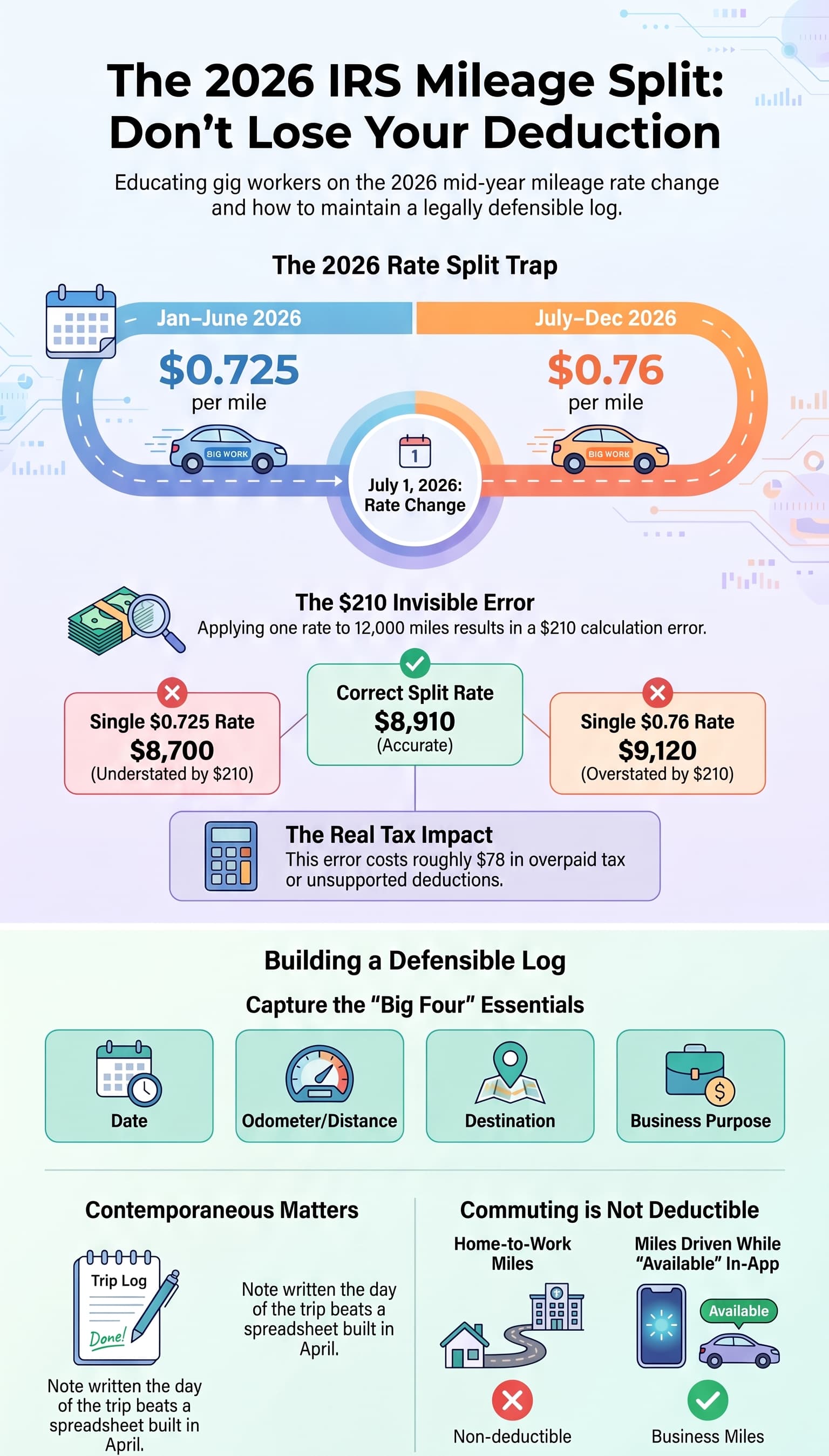 The Mileage Log That Survives an Audit — and the 2026 Rate Change Most Logs Get Wrong Infographic explaining the 2026 IRS split mileage tax rate for gig workers, showing $0.725 per mile Jan-June 2026 and $0.76 per mile July-Dec 2026. It illustrates common calculation errors, tax impact, and the four essential items needed to maintain a defensible mileage log for tax deductions, also notes that commuting miles are not tax deductible.