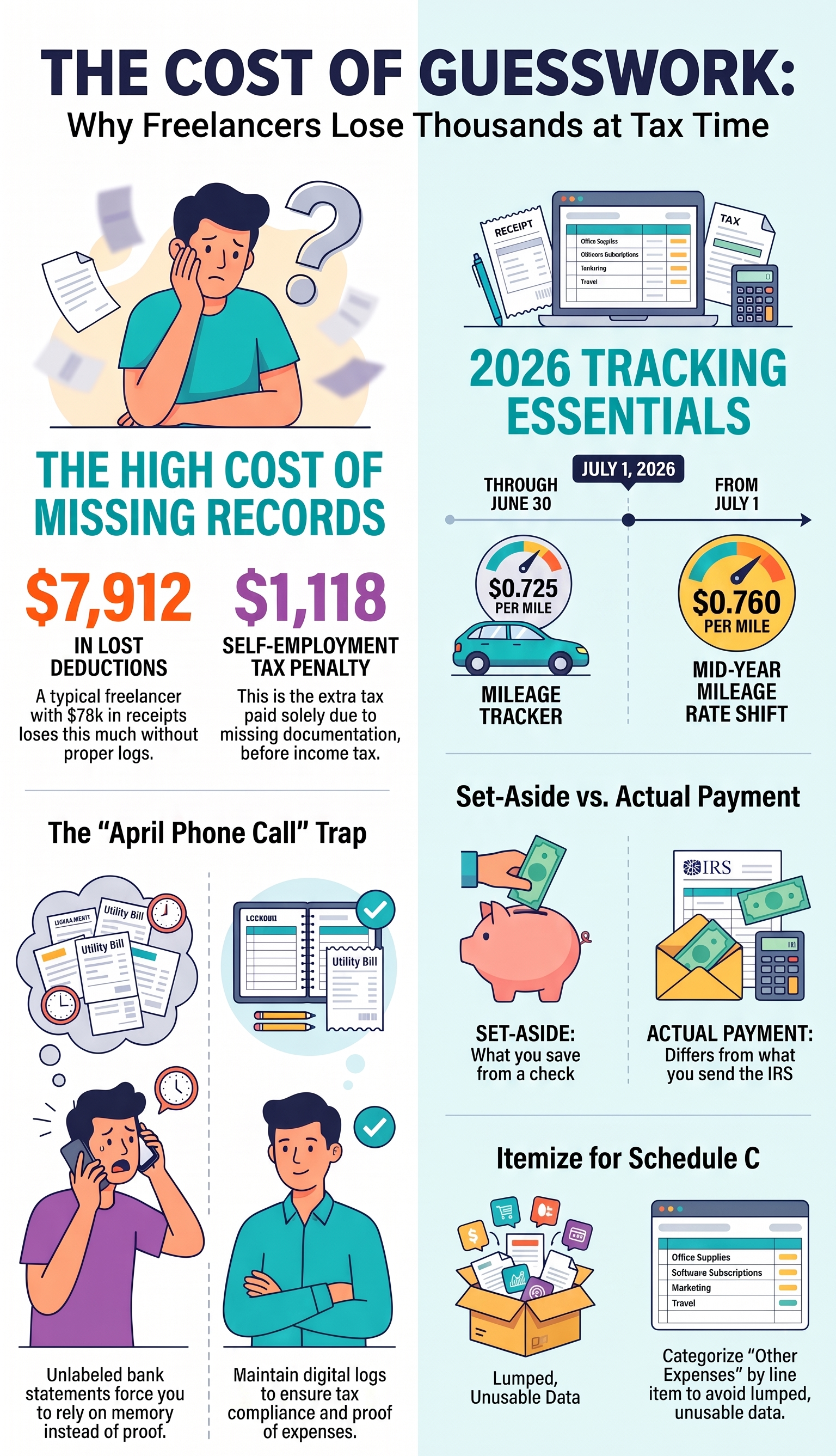 The Self-Employed Tax Kit: For Freelancers Who Don't Want an April Full of Guesses Infographic: The Cost of Guesswork, explaining tax losses for freelancers due to incomplete records, 2026 mileage tracking, Schedule C expense itemization, cartoon illustrations.