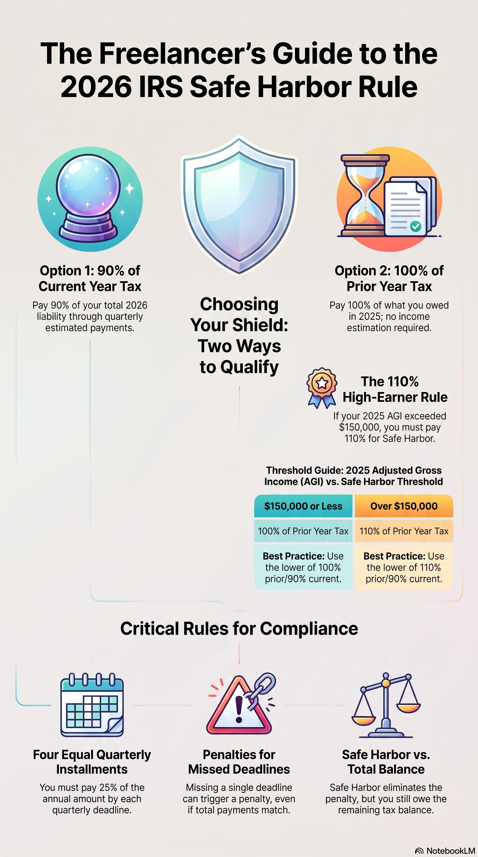 Freelancer_s_2026_Safe_Harbor_Guide Infographic guide for freelancers explaining the 2026 IRS Safe Harbor Rule, covering two qualifying tax payment options, high-earner threshold, quarterly tax installments and compliance penalty rules