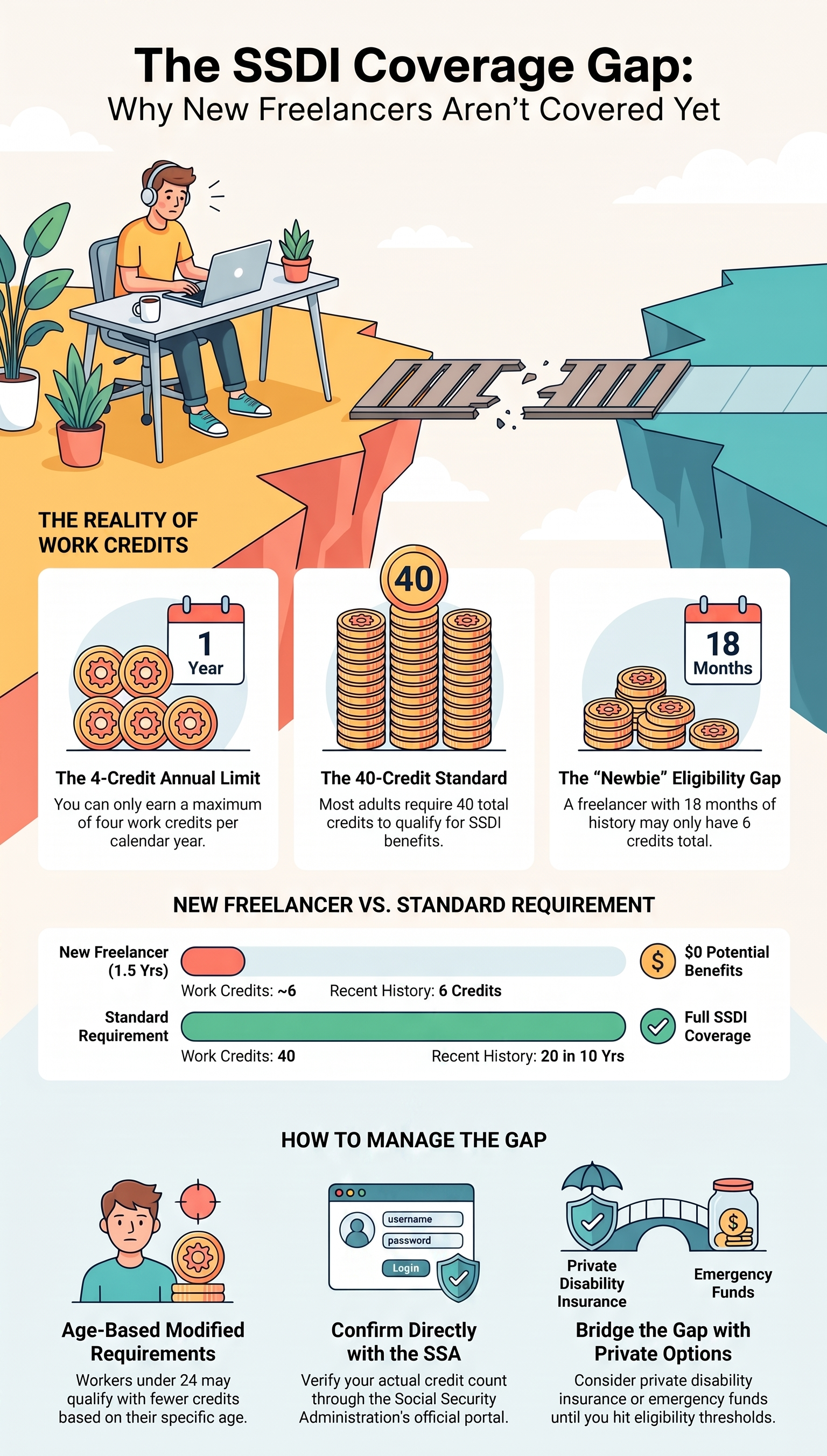 Freelancer_SSDI_Coverage_Gap_Guide Infographic titled The SSDI Coverage Gap: Why New Freelancers Aren’t Covered Yet, explaining Social Security Disability Insurance work credit requirements for self-employed freelancers