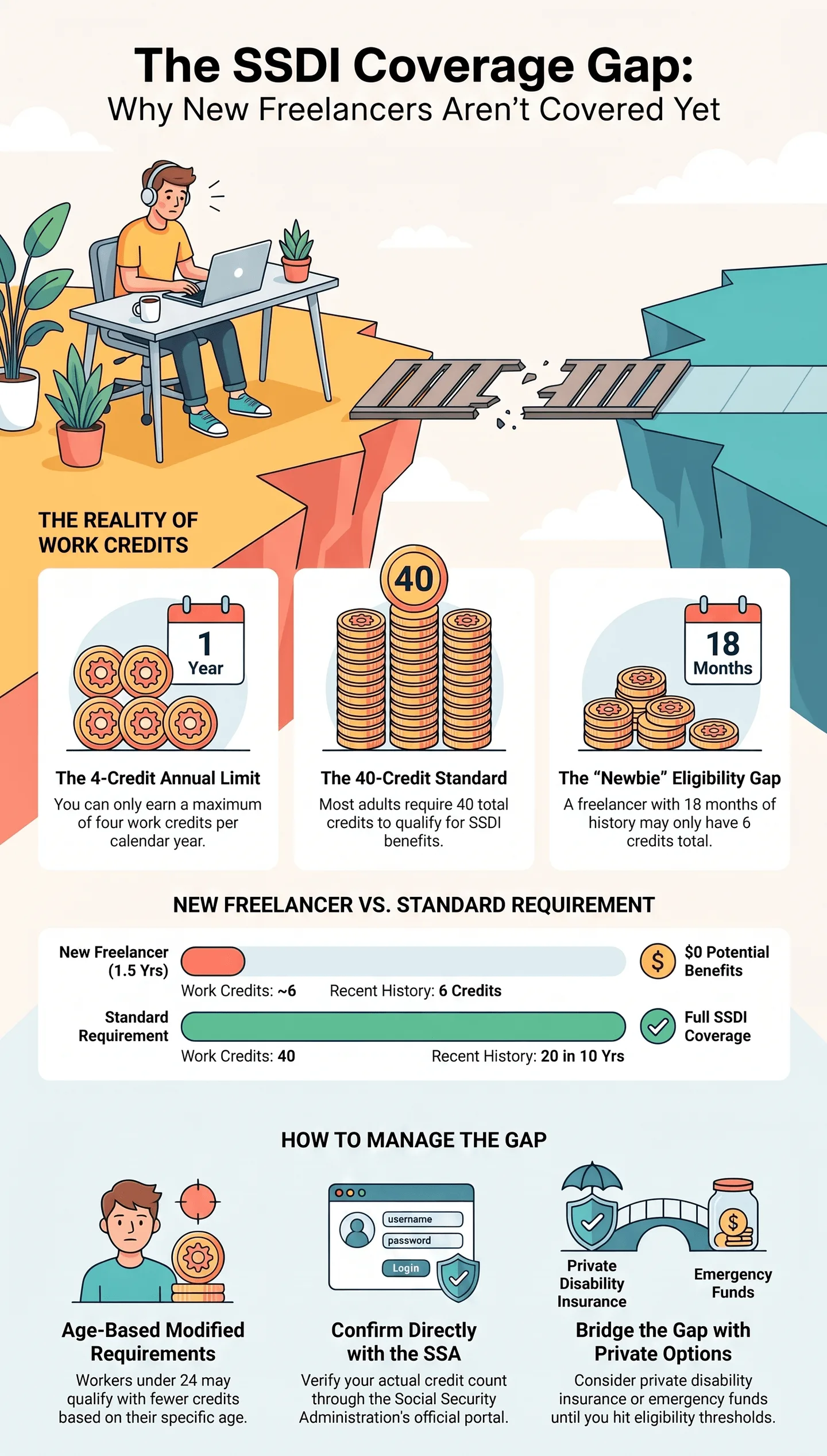 Infographic titled The SSDI Coverage Gap: Why New Freelancers Aren’t Covered Yet, explaining Social Security Disability Insurance work credit requirements for self-employed freelancers