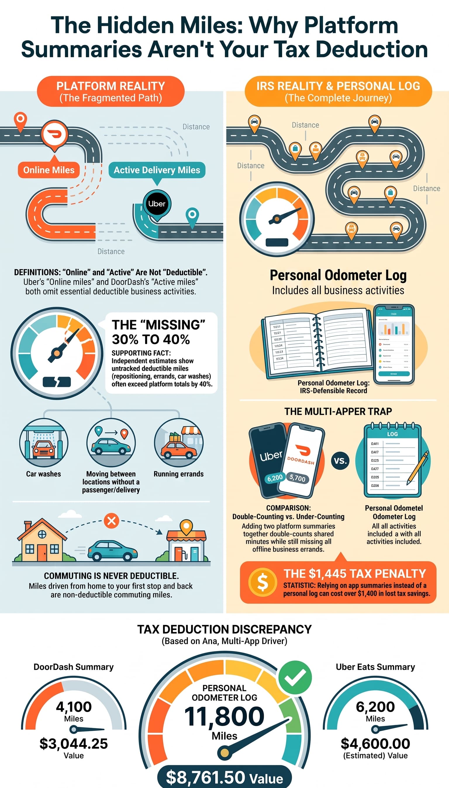 Uber Says 6,200 Miles, DoorDash Says 4,100 — Why Neither Is Your Deduction Tax infographic for gig workers: personal odometer log to track deductible business miles for Uber and DoorDash drivers, shows missing mileage for tax write-offs.