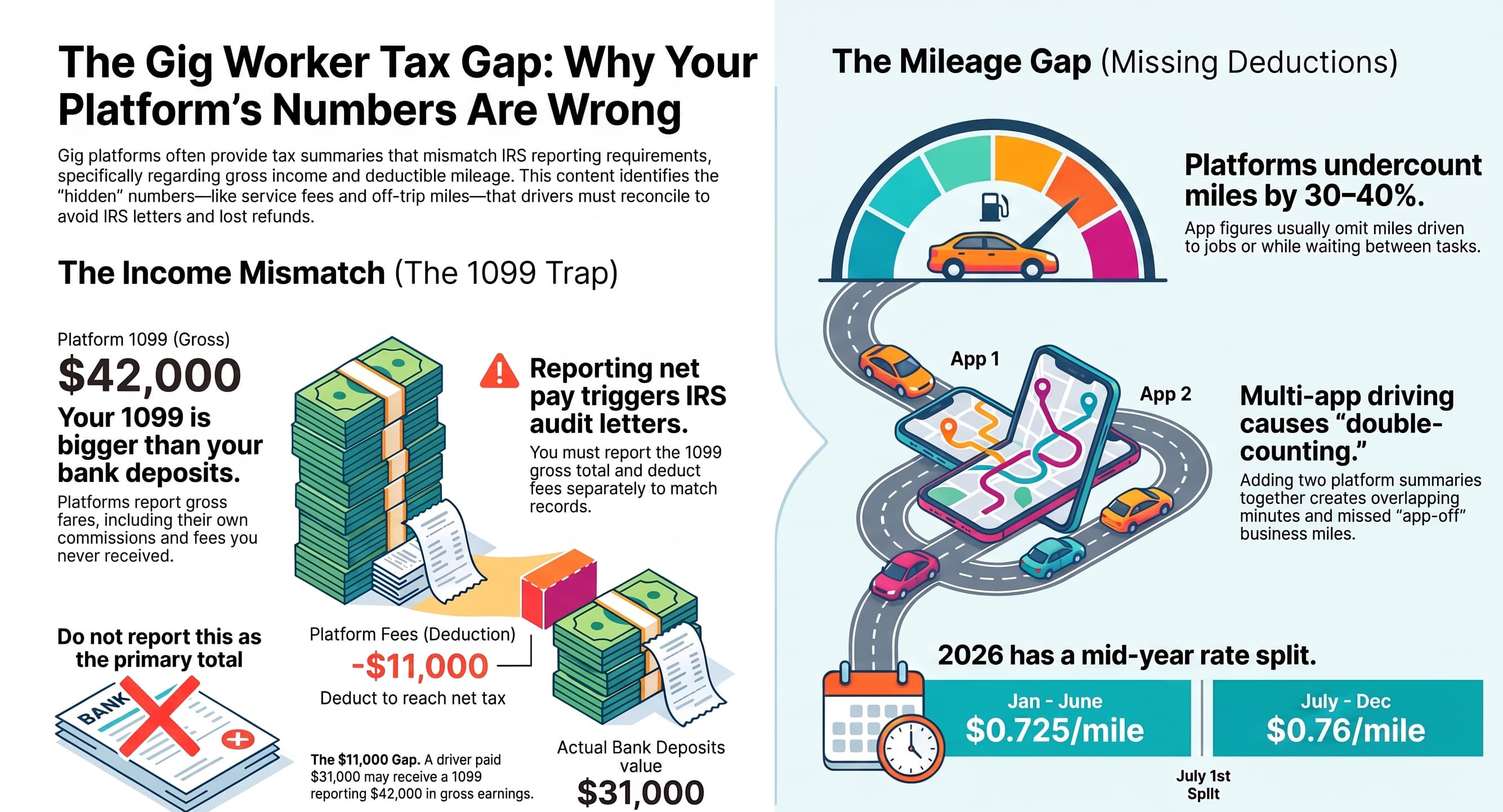 Gig worker tax infographic: US 1099 income trap, rideshare mileage deduction gap, 2026 IRS mileage rates, income mismatch between platform 1099 gross income and real bank deposits, IRS audit risk warning.