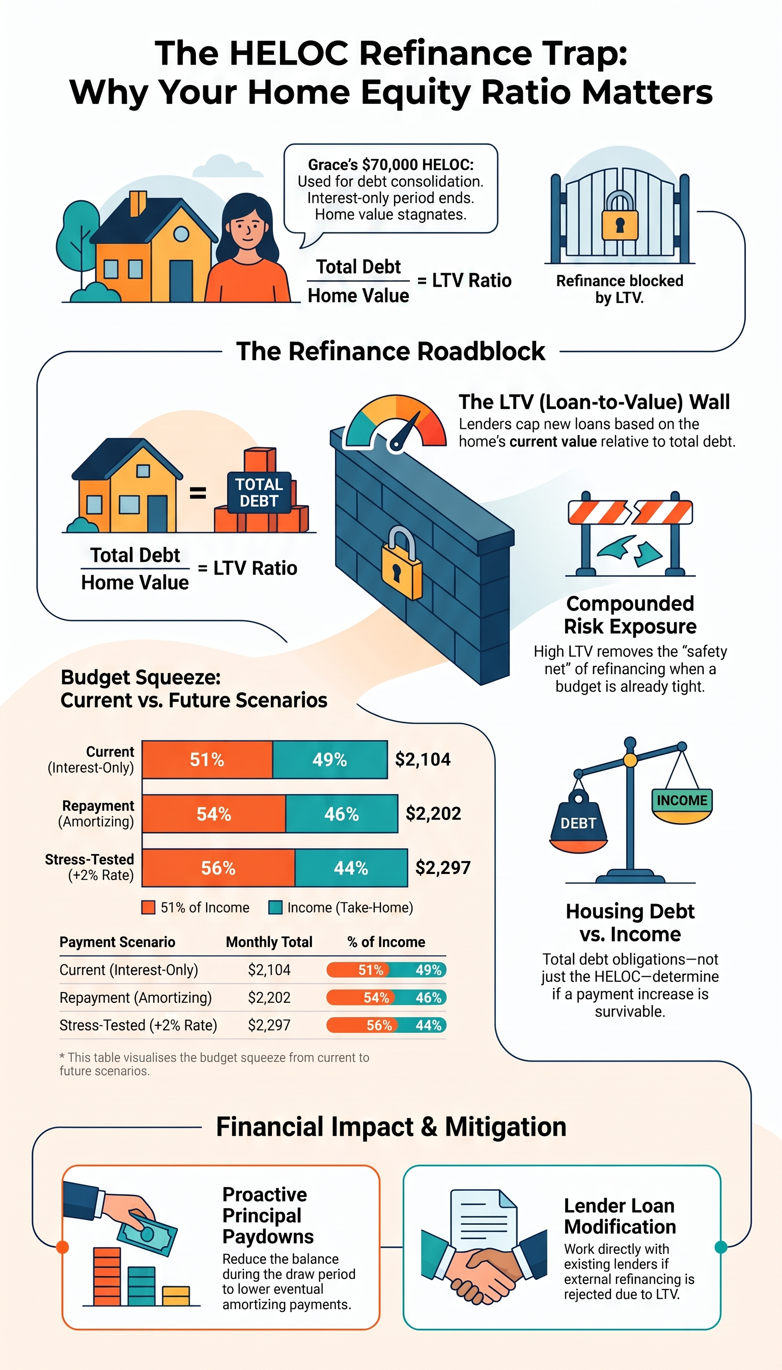 Alt="Infographic explaining the HELOC refinance trap, illustrating home‑equity loan‑to‑value (LTV) risks, budget squeeze scenarios and financial mitigation strategies"