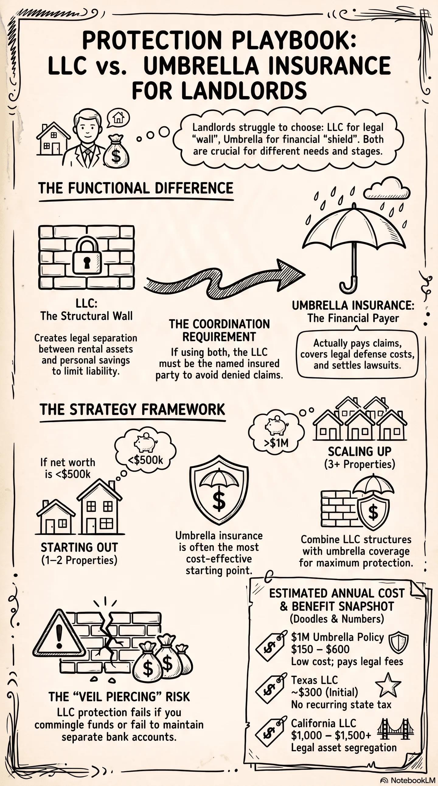 LLC_vs._Umbrella_Insurance_Guide Vintage sketch infographic: Protection Playbook: LLC vs. Umbrella Insurance for Landlords, explaining rental property asset protection, comparison between limited liability companies and umbrella insurance, investment portfolio strategy guide with cost estimates and legal risk notes.