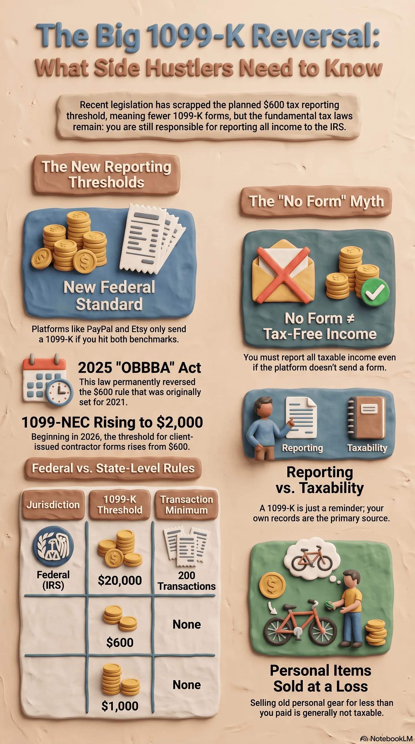 The Big 1099-K Reversal for side hustlers, detailing new reporting thresholds, federal vs. state tax-level rules, the 'no form' myth, and personal items sold at a loss.