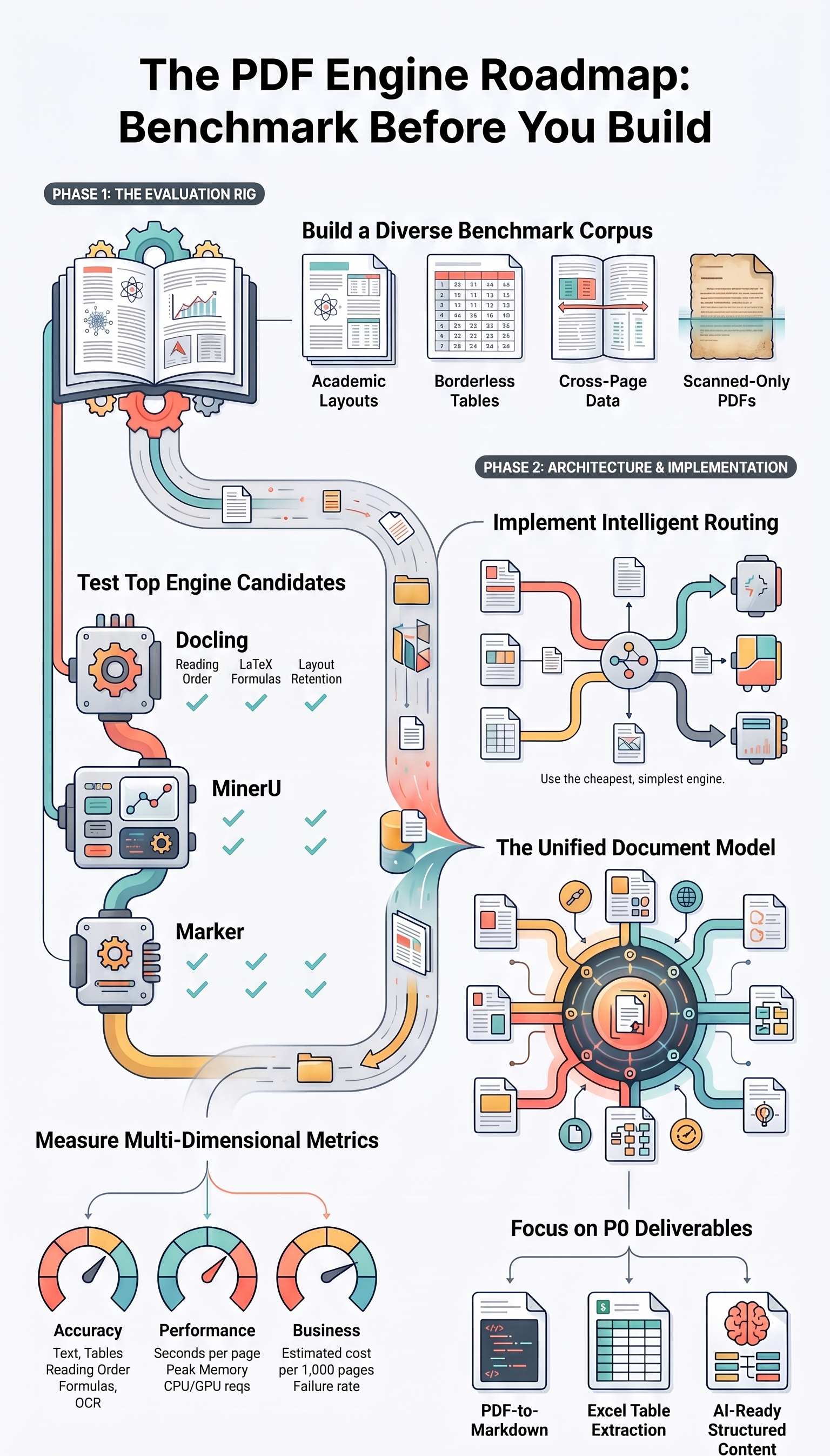 A Tenant Sues: What Your LLC Does, What Your Umbrella Does, and Which One Pays the Lawyer PDF Engine Roadmap infographic showing a benchmark-first approach: testing Docling, MinerU, and Marker on diverse PDF layouts, measuring accuracy, performance, and cost, then using intelligent routing and a unified document model for Markdown, Excel table extraction, and AI-ready structured content.