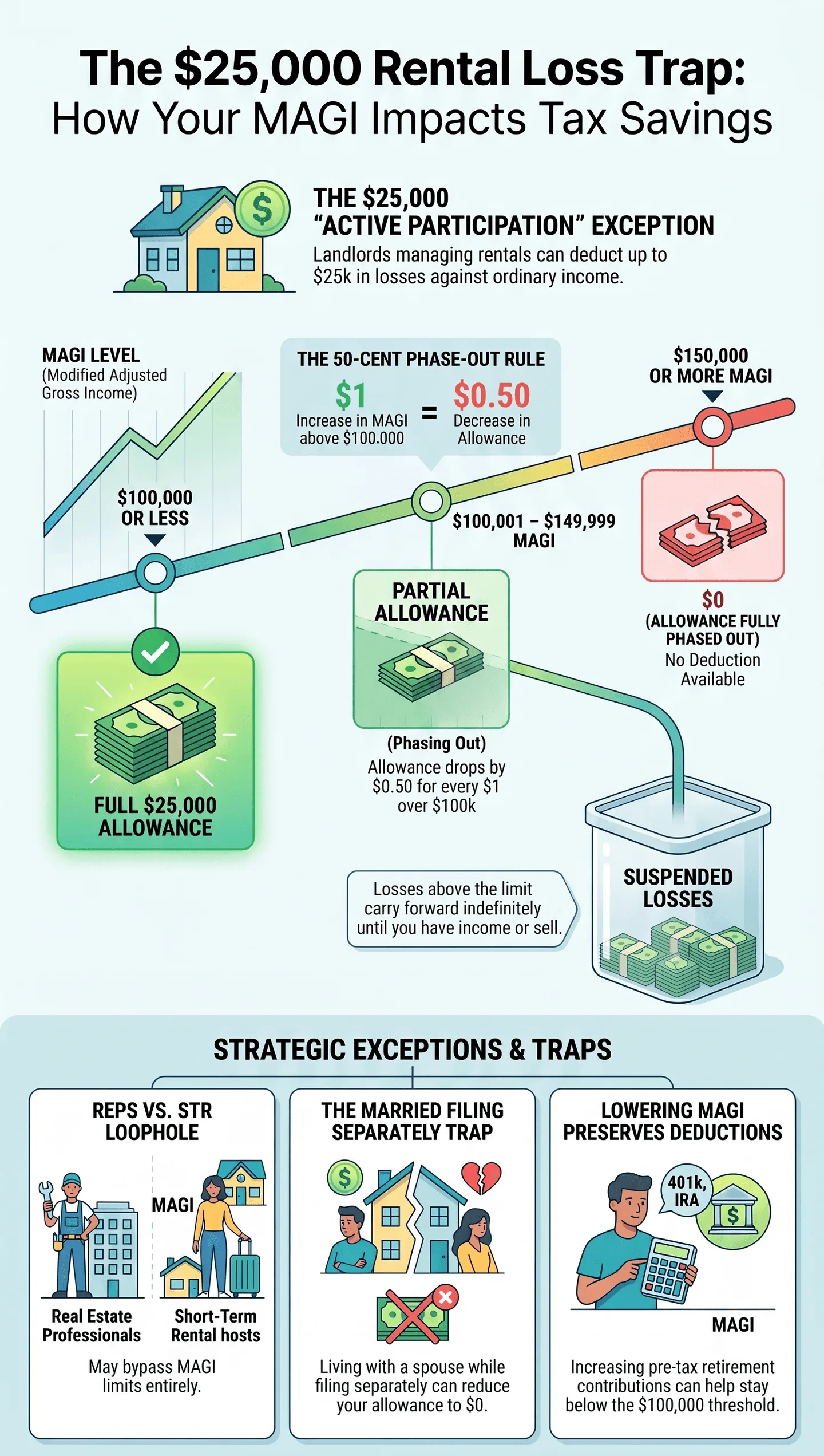 The $25,000 Passive Loss Trap: Why Your MAGI Determines If You Can Use It Infographic about the $25000 rental loss tax trap, explaining how MAGI limits real‑estate passive loss deductions, phase‑out rules and suspended losses