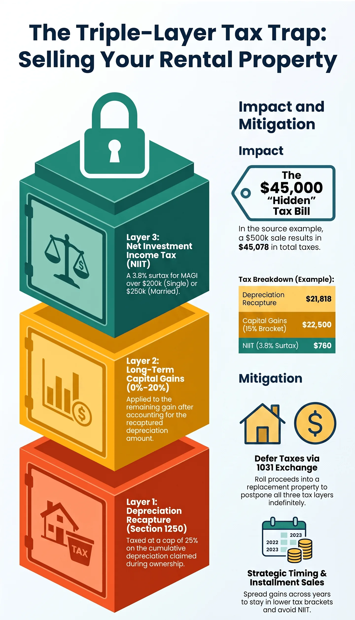 Infographic of triple‑layer tax trap when selling US rental property, illustrating depreciation recapture, long‑term capital gains, net investment income tax, tax breakdown example and mitigation strategies including 1031 exchange.