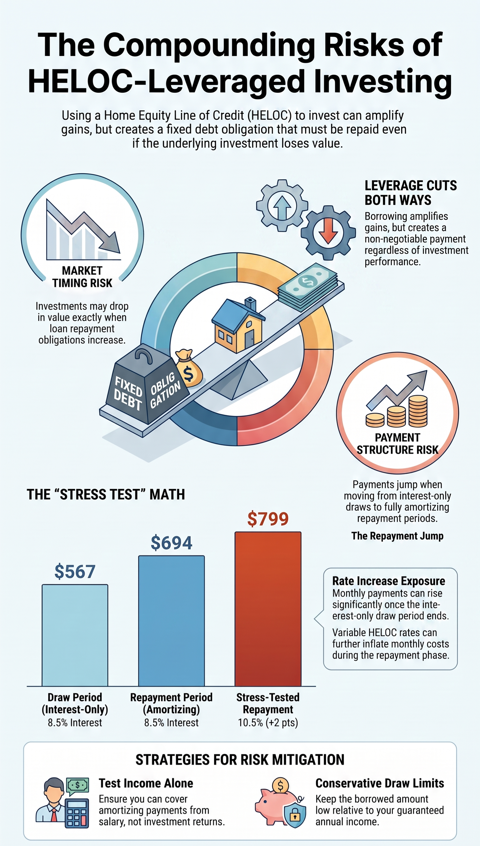 David, 45, Borrowed $80,000 Against His Home to Invest in the Market — Then Two Risks Hit at Once Infographic illustrating compounding financial risks of HELOC‑leveraged investing, covering market timing risk, leverage downside, payment‑structure risk and risk‑mitigation strategies