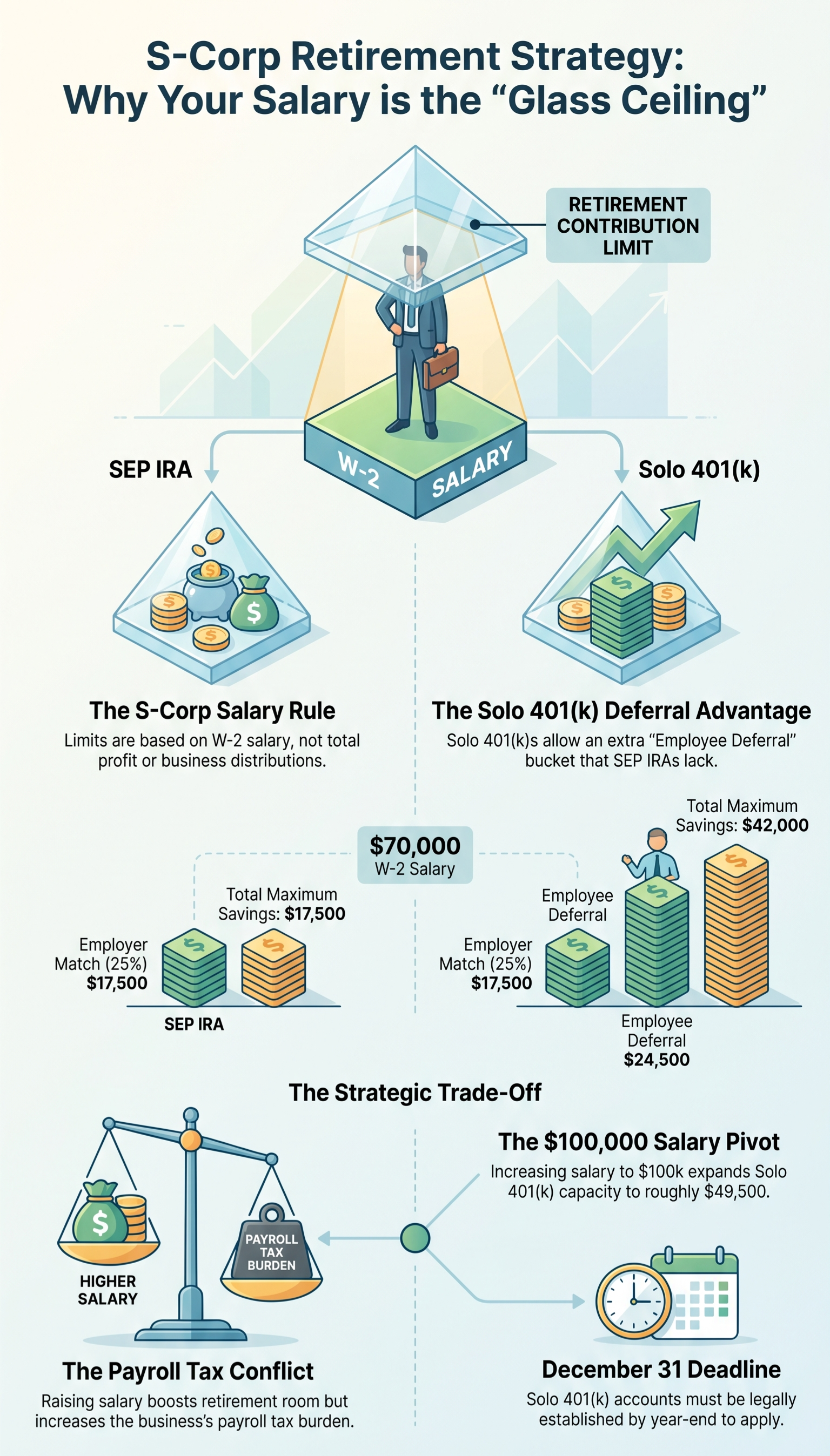 Priya, 42, S-Corp E-Commerce Owner — Why Her $70K Salary (Not Her Profit) Decides Her Retirement Room Infographic explaining S‑Corp retirement strategy, illustrating why W‑2 salary acts as the glass ceiling for retirement contributions, comparing SEP IRA and Solo 401(k) plans, payroll tax trade‑offs, salary pivot rules and December 31 tax filing deadline for self‑employed S‑corp business owners