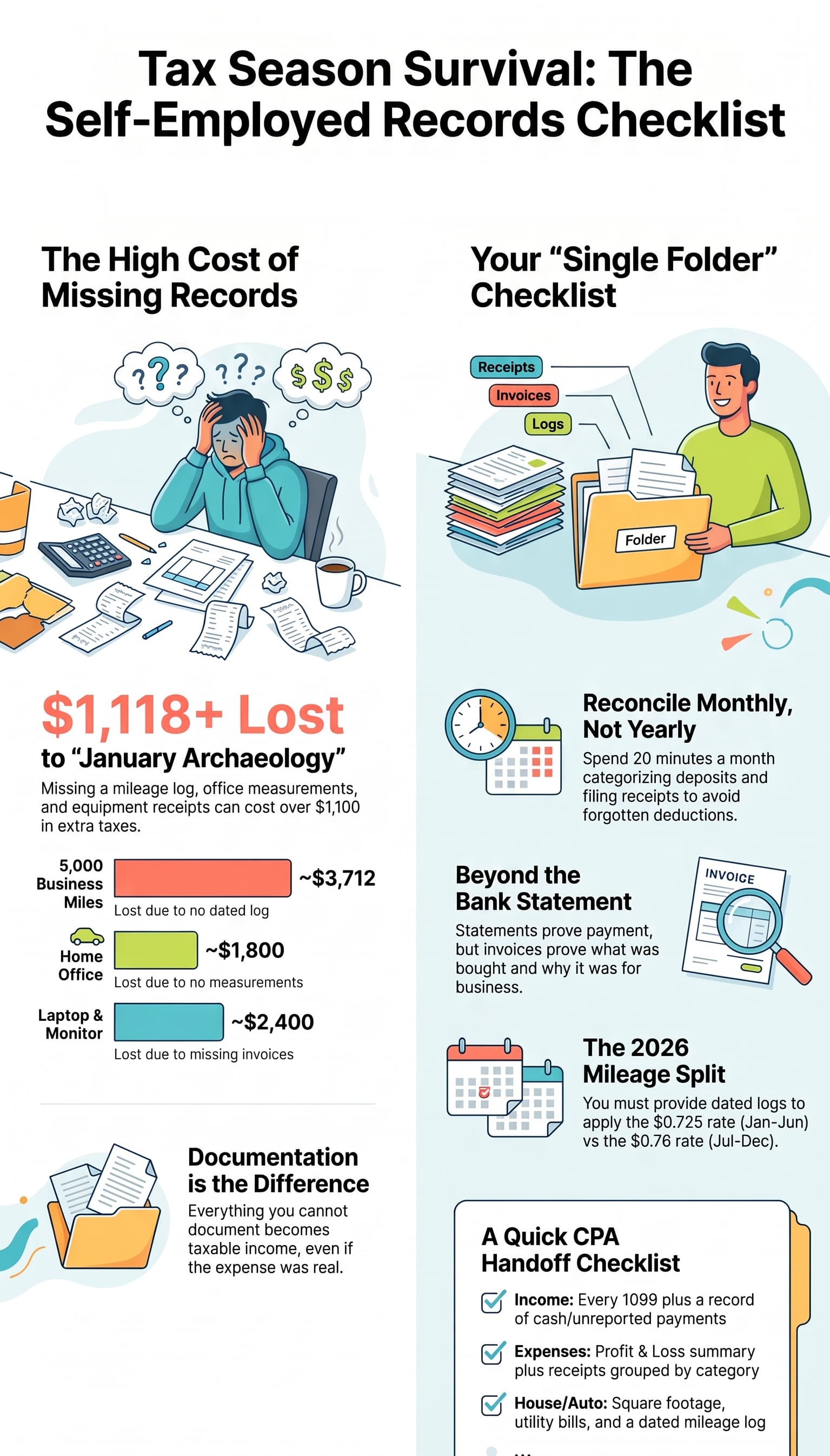 What to Hand Your CPA in January: The Self-Employed Records Checklist Infographic titled “Tax Season Survival: The Self‑Employed Records Checklist”. Left side: “The High Cost of Missing Records” showing stressed self‑employed worker surrounded by messy paperwork. Text explains “January Archaeology” can cost over $1,118 in extra taxes, with estimated lost‑deduction values for undocumented business miles (~$3,712), home‑office space (~$1,800), and laptop‑monitor equipment (~$2,400). Note: undocumented real expenses count as taxable income. Right side: “Your ‘Single Folder’ Checklist” illustration of organized folder holding receipts, invoices, logs. Advice includes monthly reconciliation instead of annual catch‑up; use invoices alongside bank statements; 2026 split mileage rates ($0.725 Jan‑Jun, $0.76 Jul‑Dec requiring dated logs). Bottom section: “A Quick CPA Handoff Checklist” with checkboxes for income records, categorized expense receipts, home‑office and auto documentation. Cartoon‑style business tax education graphic for freelancers and self‑employed taxpayers.