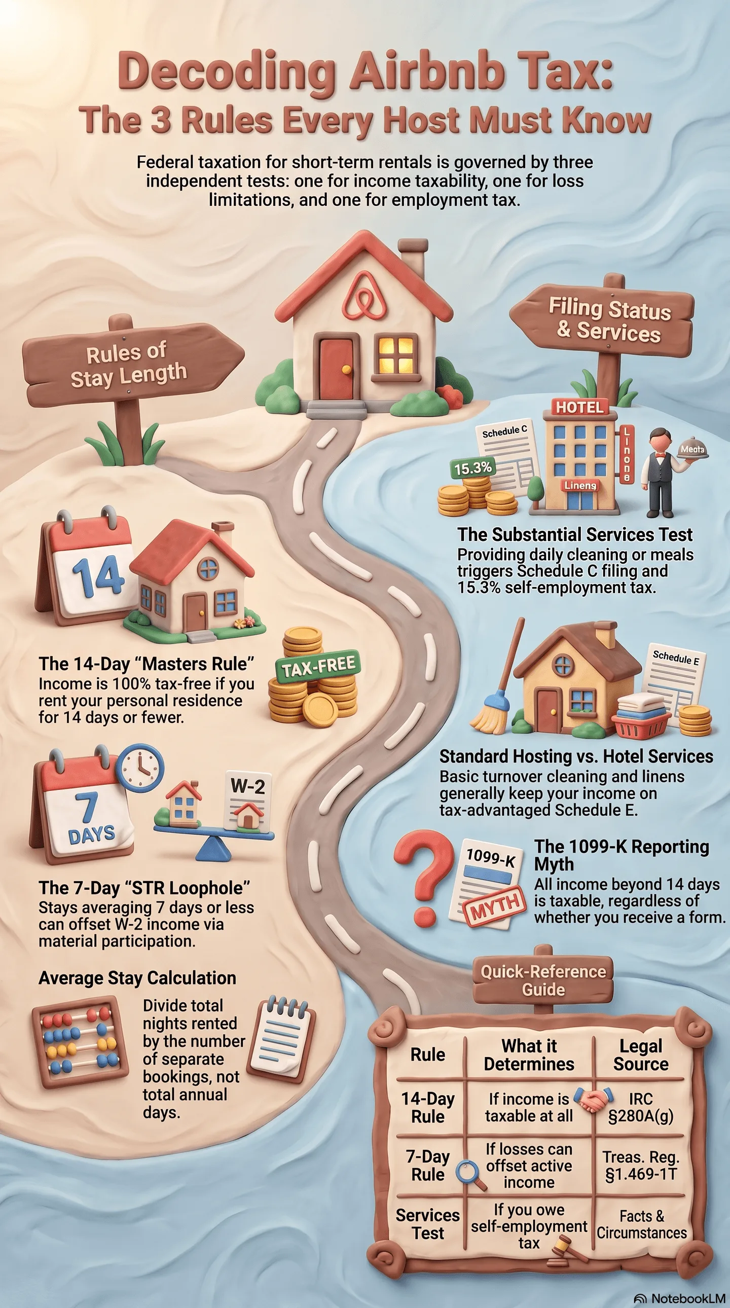 Short-Term_Rental_Tax_Guide An infographic titled ‘Decoding Airbnb Tax: The 3 Rules Every Host Must Know,’ detailing three core tax rules for short-term rental hosts. The graphic includes sections on rules of stay length (the 14-day Masters Rule, the 7-day STR loophole, average stay calculation), filing status and services (the Substantial Services Test, the 1099-K reporting myth), and a quick-reference guide table at the bottom.