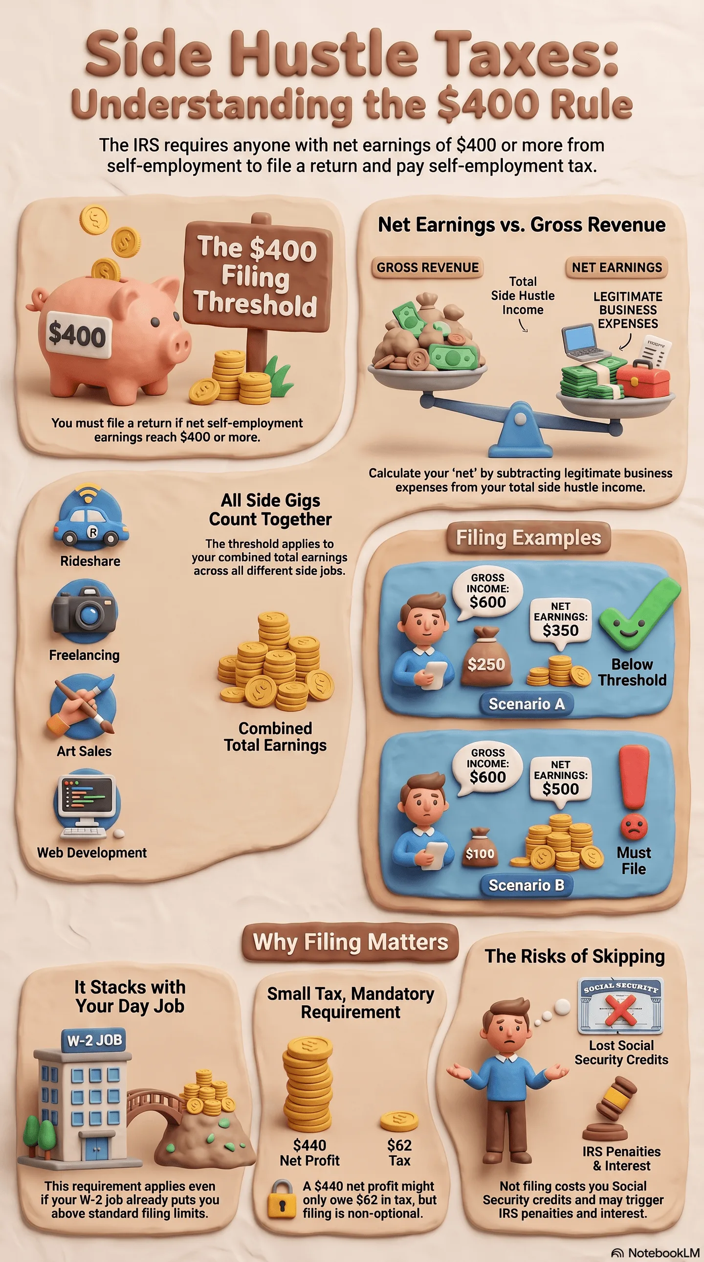 A screenshot of a colorful infographic titled ‘Side Hustle Taxes: Understanding the $400 Rule’ displayed on screen within the WPS PDF editor interface. The infographic details tax obligations for side hustle earnings exceeding $400 in the US. It features a piggy bank for ‘The $400 Filing Threshold,’ a scale comparison of ‘Net Earnings vs. Gross Revenue,’ icons representing ‘All Side Gigs Count Together,’ two scenarios under ‘Filing Examples,’ and sections on ‘Why Filing Matters’ and ‘Risks of Skipping.’ Multiple PDF page thumbnails are visible at the bottom of the screen.