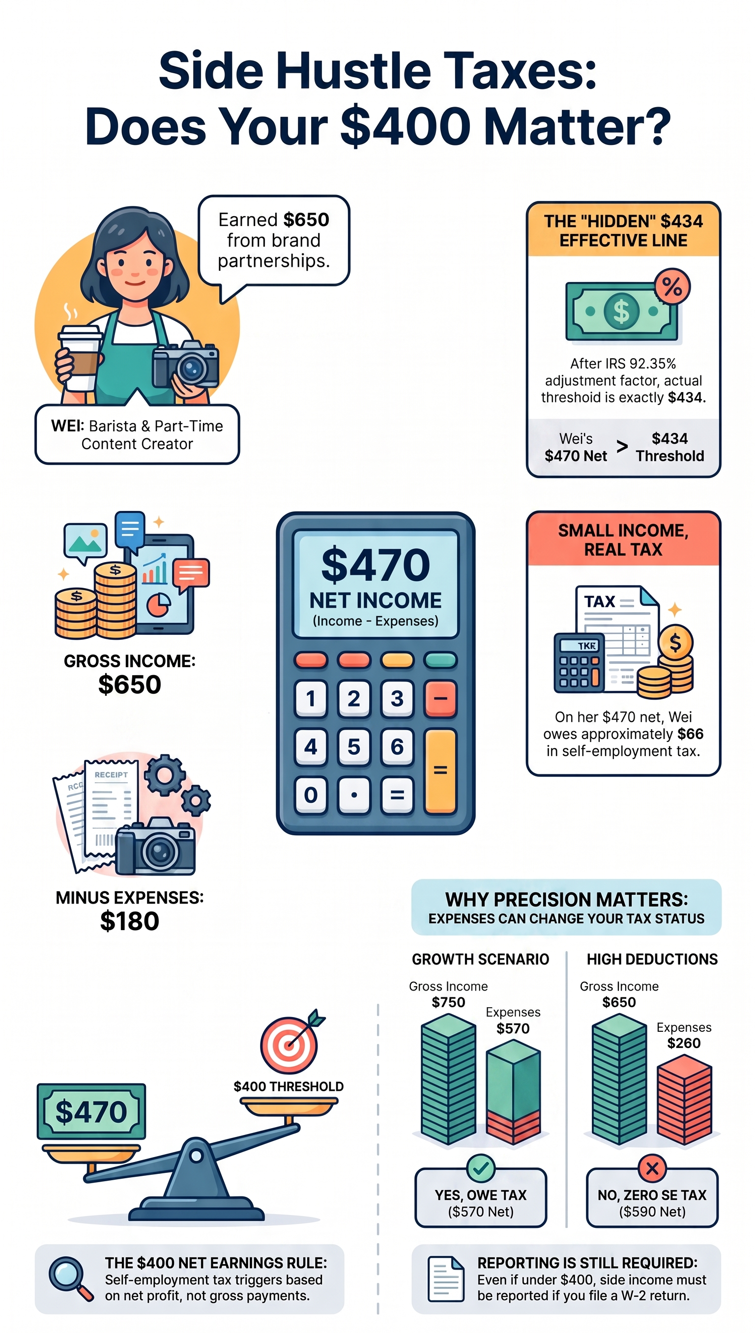 Wei, 26, Barista + Occasional Content Creation — Does She Even Owe Anything on $470? nfographic explaining US side‑hustle self‑employment tax rules for gig workers, content creators and part‑time influencers, illustrating the $400 net income tax threshold example with $650 gross income, $180 business expenses, $470 net income, tax calculator, balance scale and comparison charts