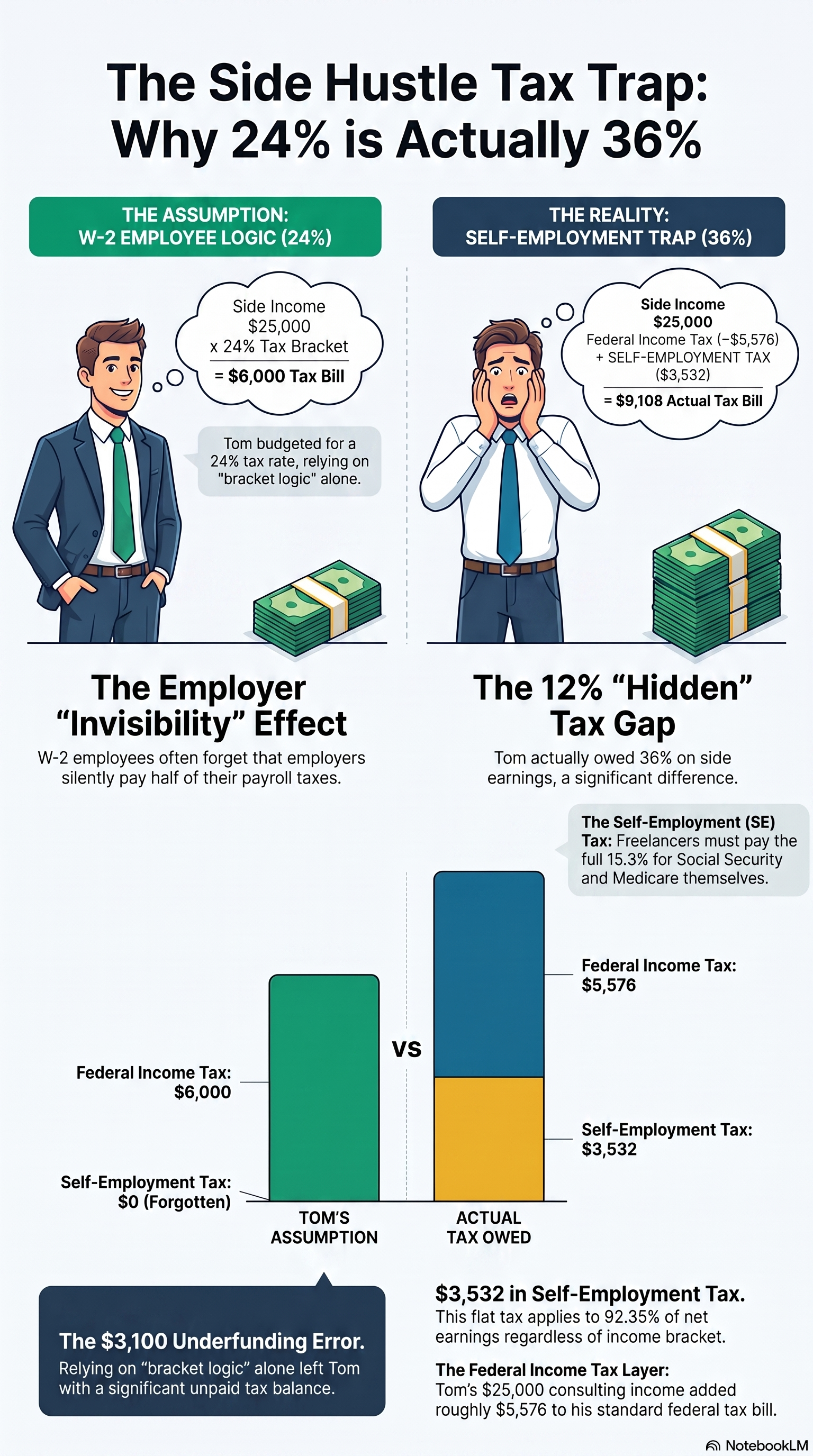 Side_Hustle_Tax_Trap_Analysis Infographic titled The Side Hustle Tax Trap: Why 24% is Actually 36%, comparing W-2 employee tax assumptions vs self-employment real tax costs, explaining hidden self-employment tax gap for side business earners