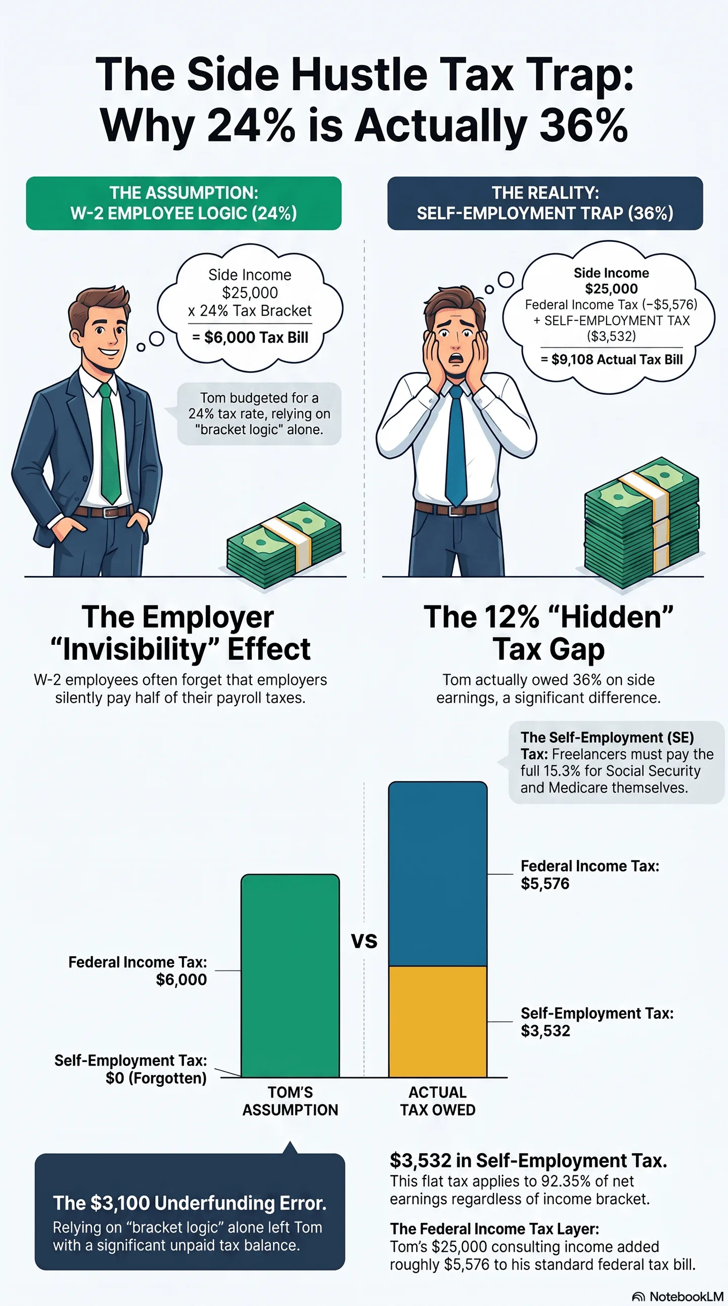 Side_Hustle_Tax_Trap_Analysis Infographic titled The Side Hustle Tax Trap: Why 24% is Actually 36%, comparing W-2 employee tax assumptions vs self-employment real tax costs, explaining hidden self-employment tax gap for side business earners