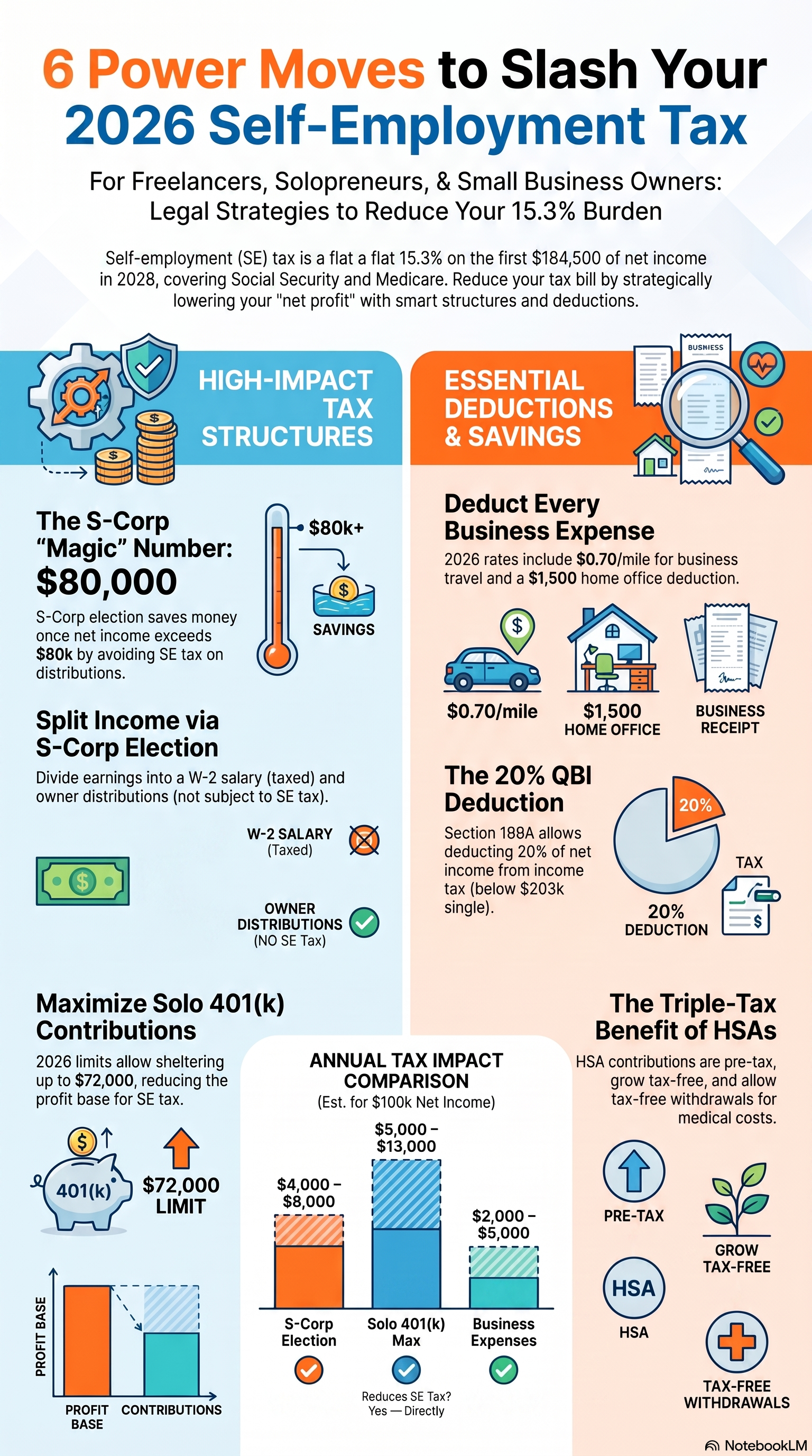 Infographic titled "6 Power Moves to Slash Your 2026 Self-Employment Tax," detailing legal strategies for freelancers and small business owners such as S-Corp elections, 20% QBI deductions, business mileage rates, Solo 401(k) contributions, and HSA benefits.