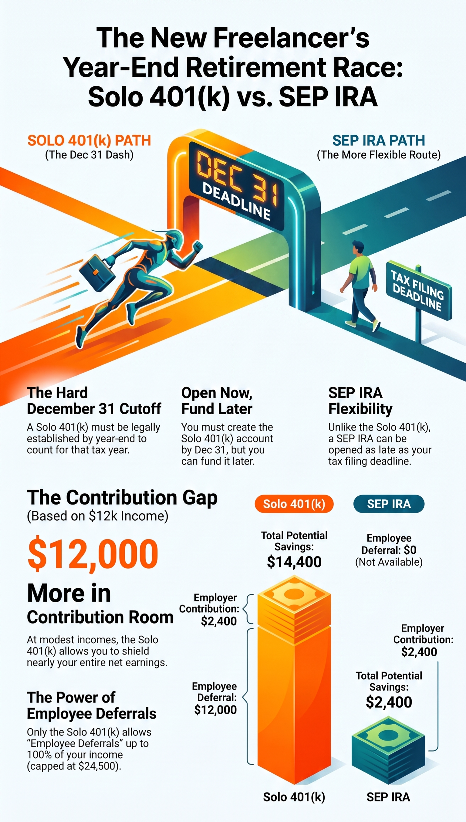 Infographic for new freelancers comparing Solo 401(k) versus SEP‑IRA year‑end retirement plans, showing December 31 deadline, contribution gap, maximum contribution amounts and route flexibility.