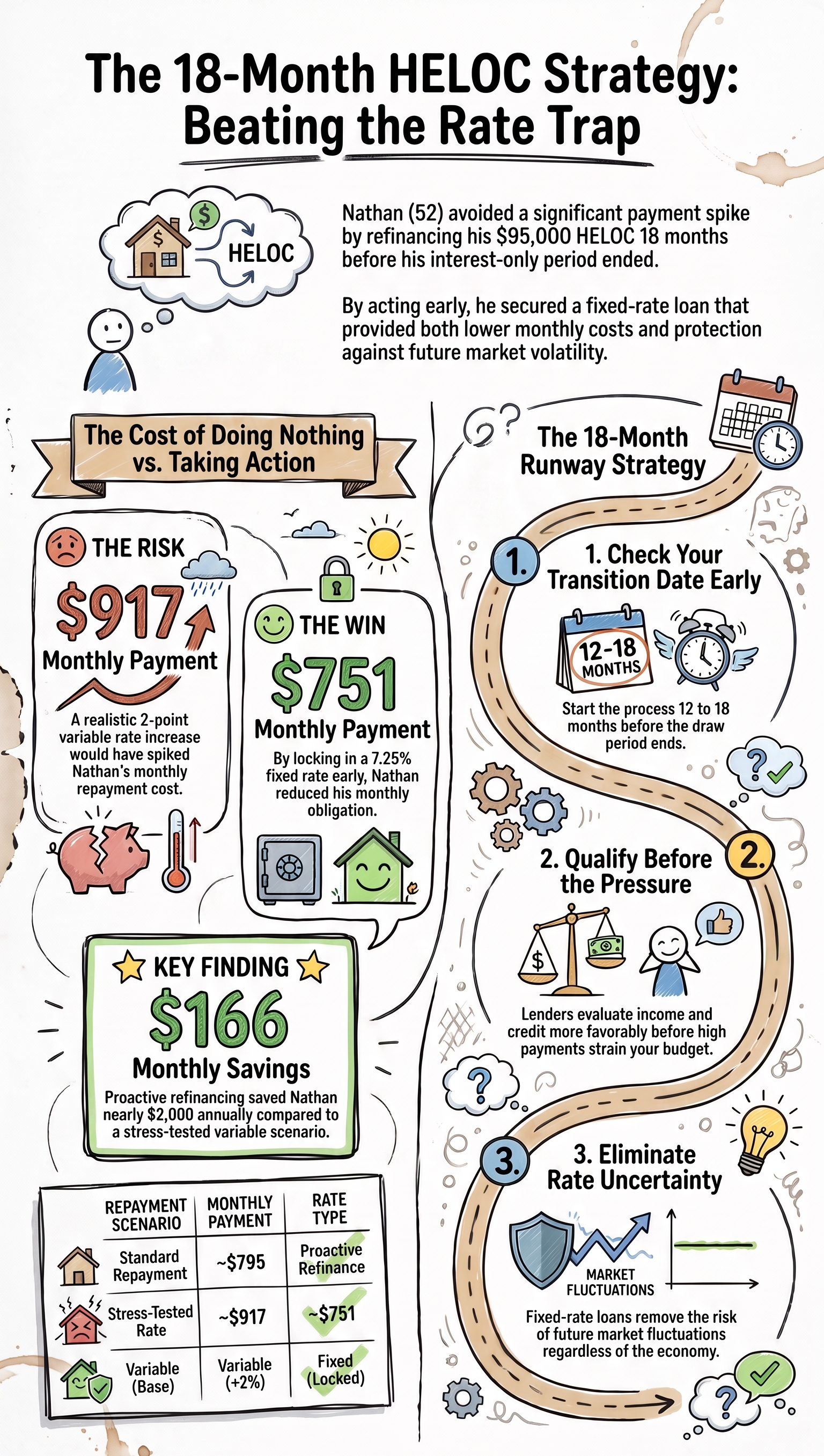 Illustrated infographic titled The 18-Month HELOC Strategy: Beating the Rate Trap, comparing monthly payment risks, savings opportunities, and a three-step runway plan for HELOC interest rate risk management