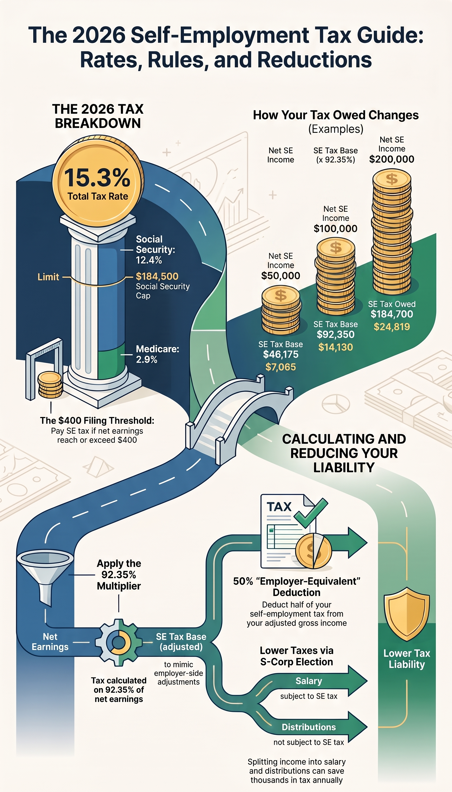 Self-Employment Tax Rate 2026 — What It Is and How to Calculate It Infographic for 2026 Self‑Employment Tax Guide, showing tax rate breakdown (15.3% total rate), income threshold, tax owed examples, and strategies to calculate & reduce self‑employment tax liability