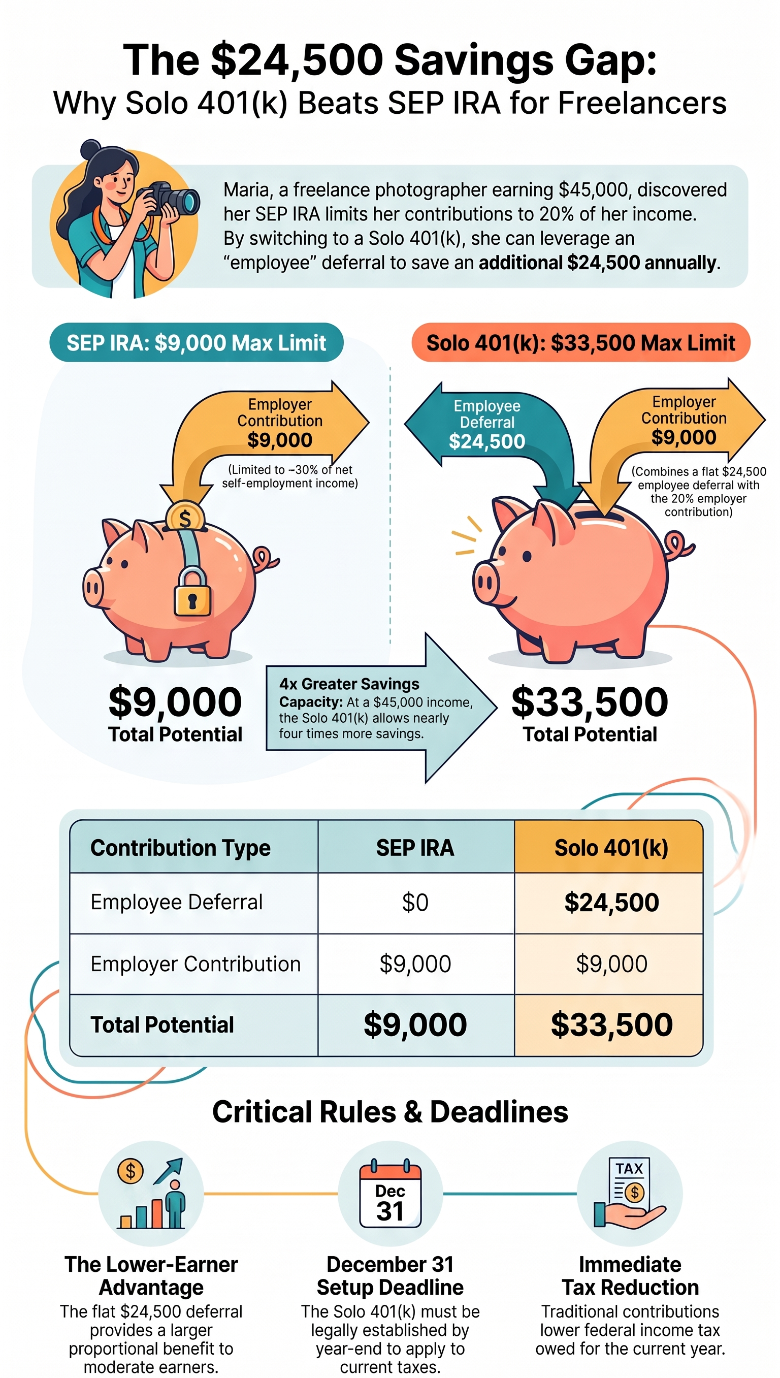 Infographic illustrating the $24500 savings gap comparing SEP‑IRA vs Solo 401(k) retirement plans for freelancers and sole proprietors