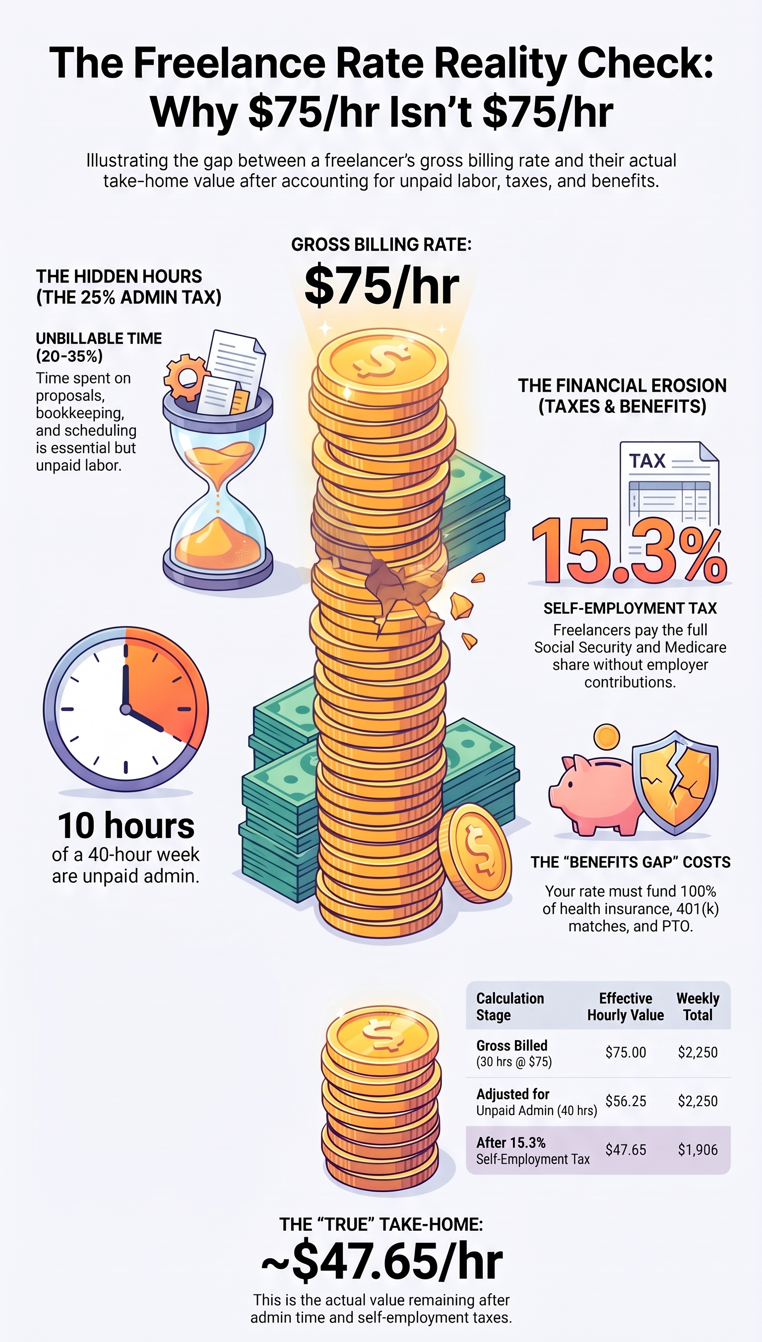 Your Freelance Rate Isn't What You Think — The Hours Nobody Bills For Infographic: The Freelance Rate Reality Check: Why $75/hr Isn’t $75/hr. Explains how a $75 per hour freelance billing rate drops to ~$47.65 take-home income after unpaid admin hours, 15.3% self-employment tax and benefit expenses, with coin stack graphics and calculation table.