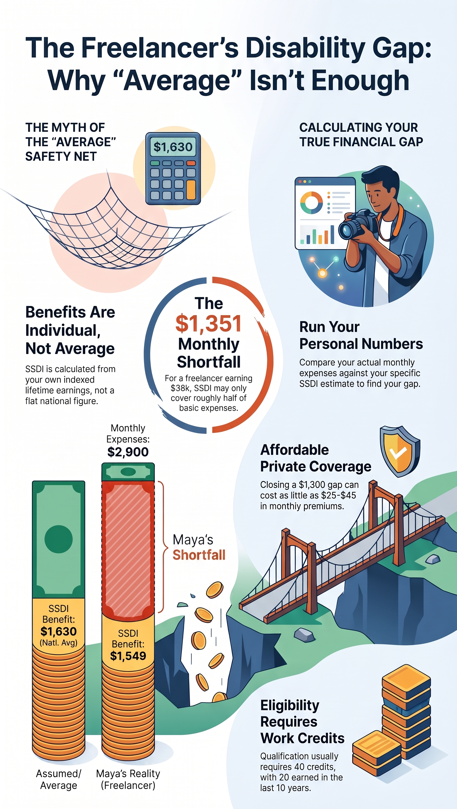 The Freelancer's Disability Gap, highlighting the shortfall between average SSDI benefits and actual monthly expenses, work credit requirements, and private disability insurance solutions.