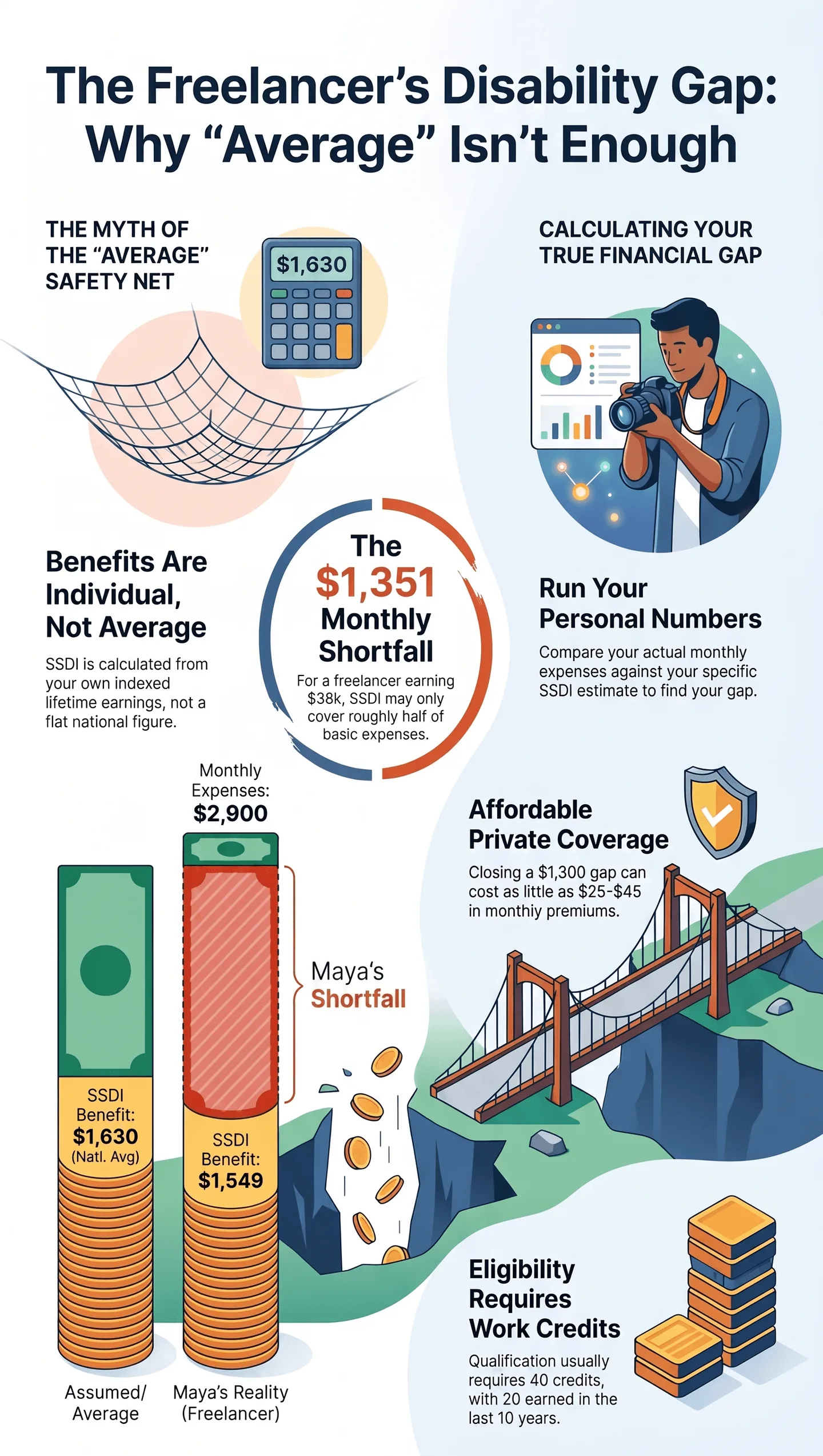 The Freelancer's Disability Gap, highlighting the shortfall between average SSDI benefits and actual monthly expenses, work credit requirements, and private disability insurance solutions.