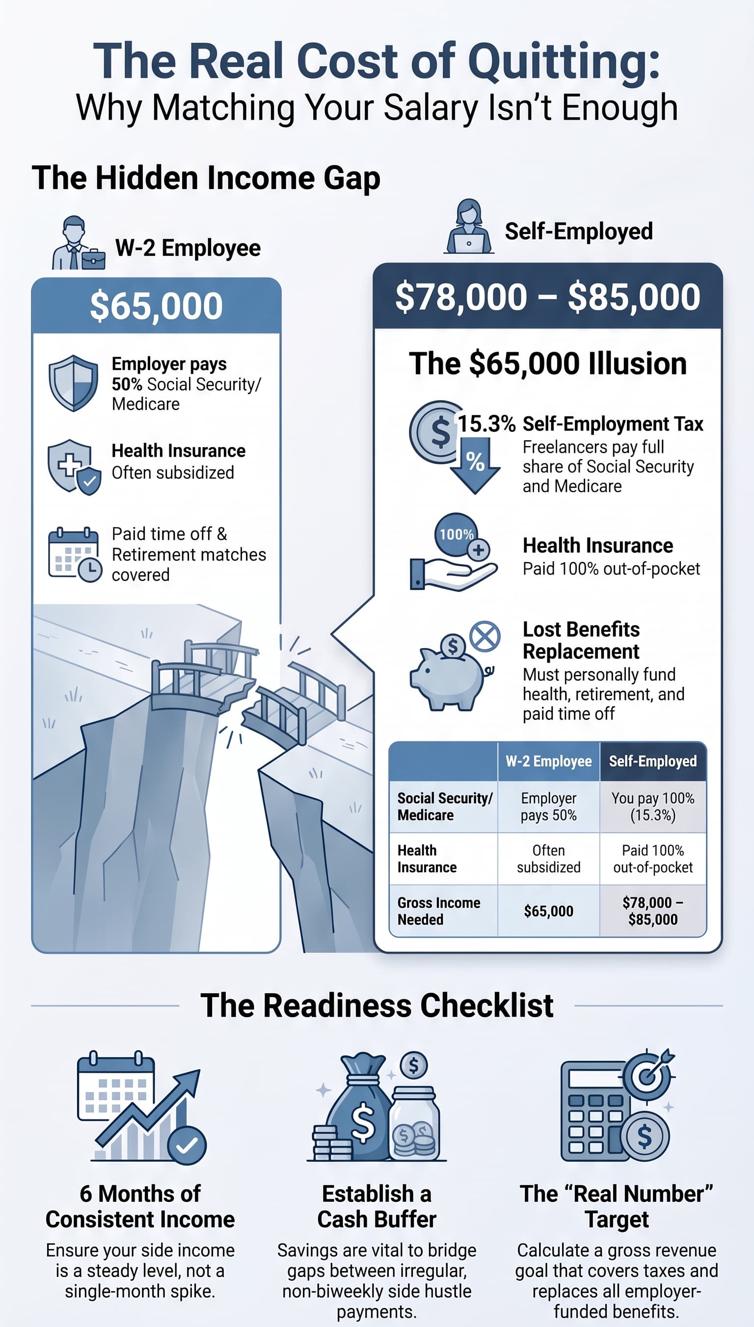 Matching Your Side Hustle to Your Salary Isn't the Number That Matters The Real Cost of Quitting. Compares W‑2 employee ($65k) vs self‑employed ($78k‑85k) hidden income gaps, tax & benefit differences, plus readiness checklist for leaving full‑time work.