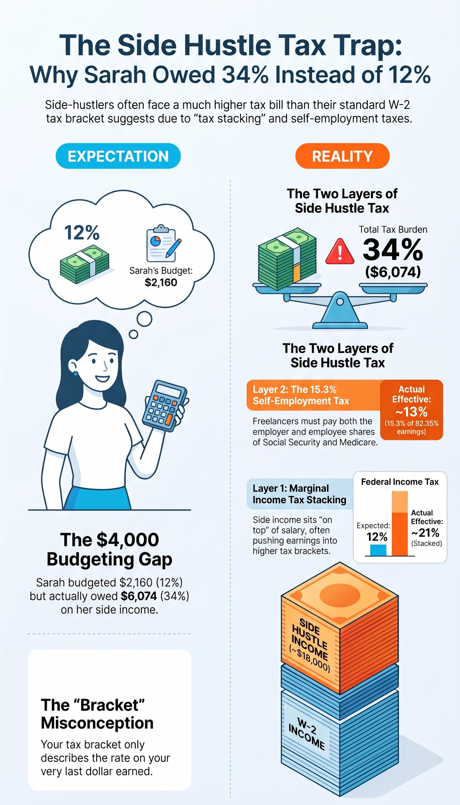 Infographic explaining side‑hustle tax trap, comparing expected 12% tax rate vs real 34% tax burden for Sarah, illustrates income stacking and self‑employment tax layers