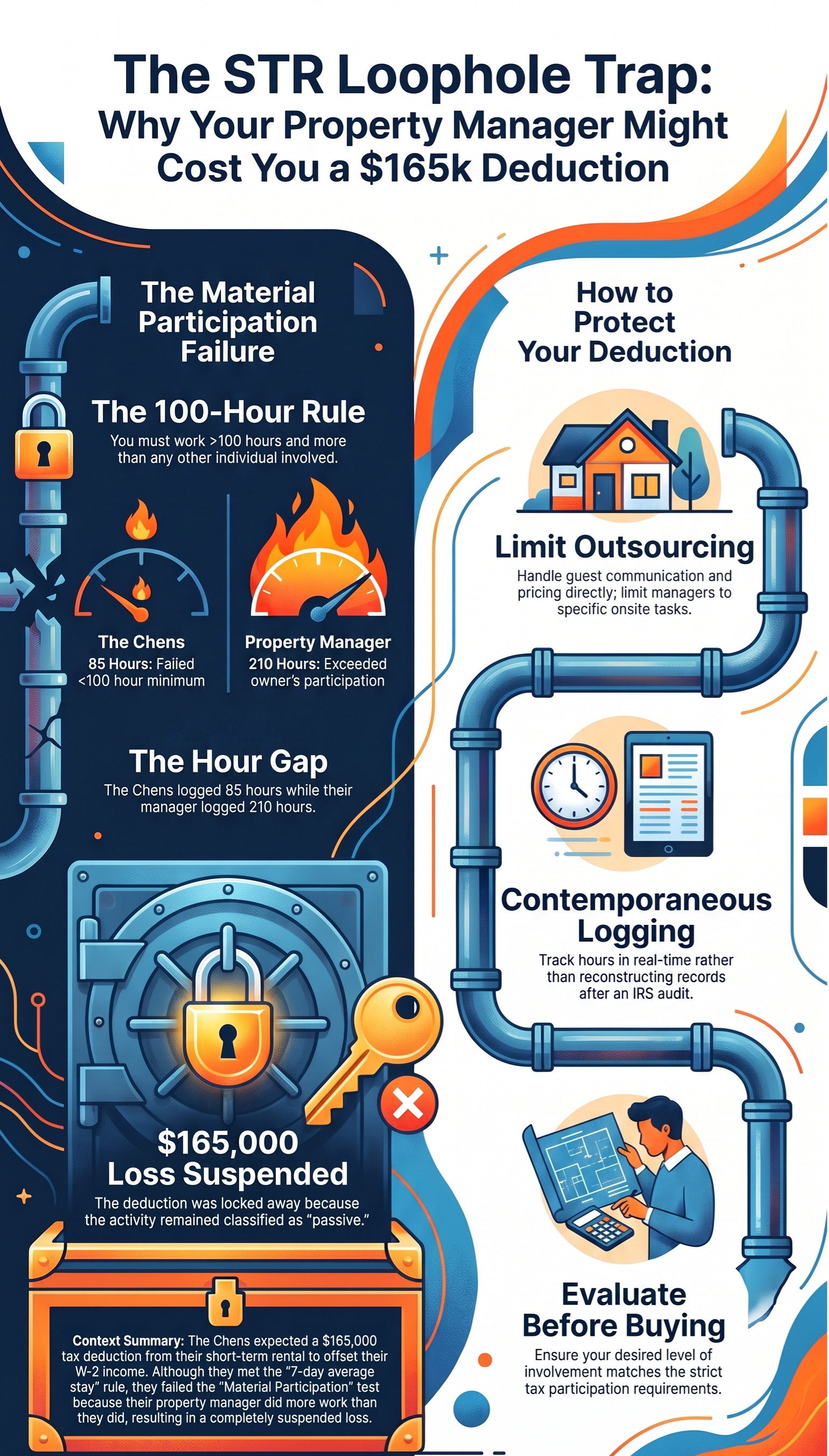 Infographic about the STR loophole tax trap, explaining the 100‑hour material participation rule, hour gap risk, suspended $165000 tax loss, and tips to protect rental property tax deductions including limiting outsourcing and contemporaneous logging.