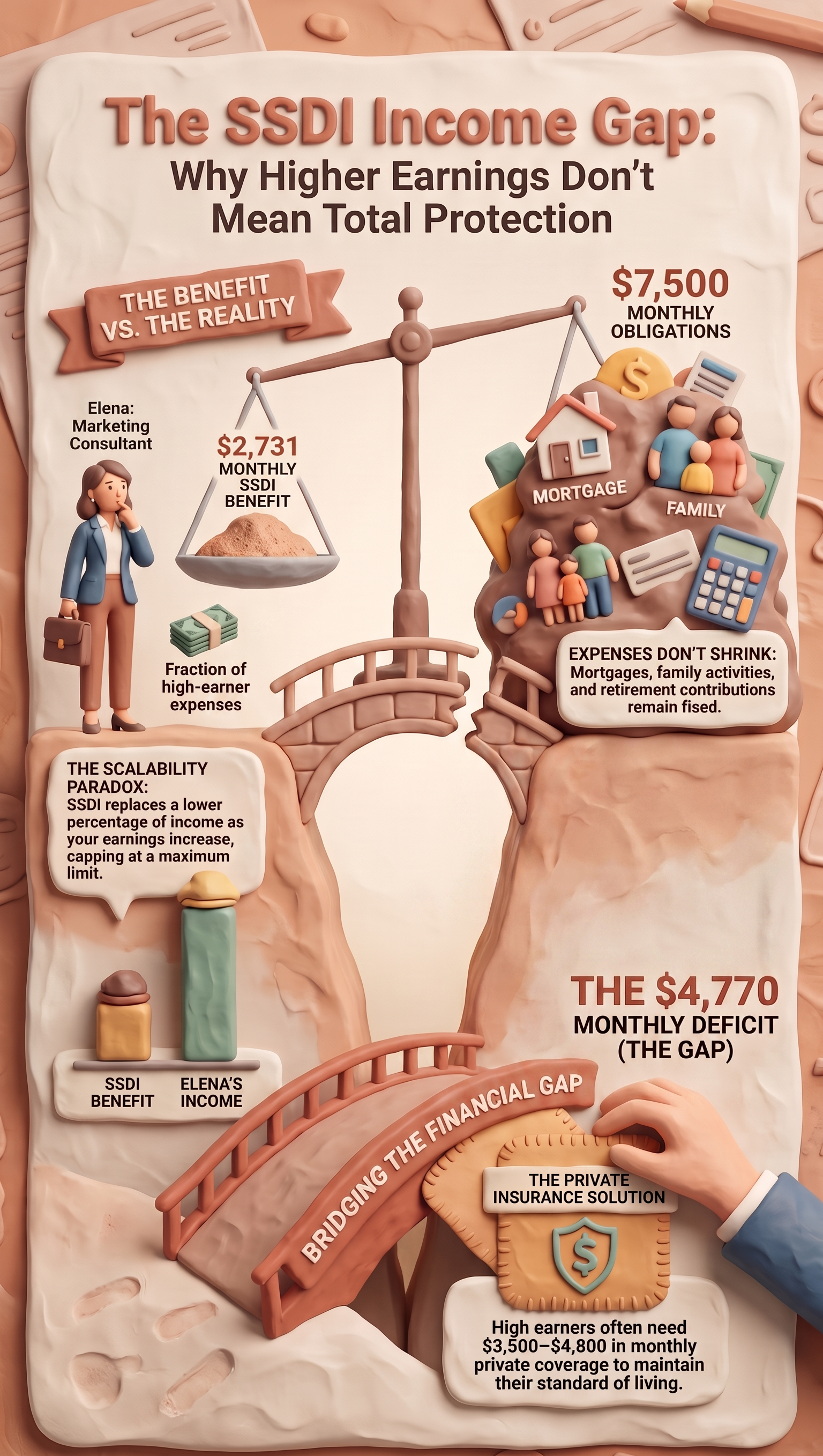 The SSDI Income Gap, illustrating the shortfall between high earner expenses ($7,500/mo) and SSDI maximum benefits ($2,731/mo), resulting in a $4,770 monthly deficit and private insurance solutions.
