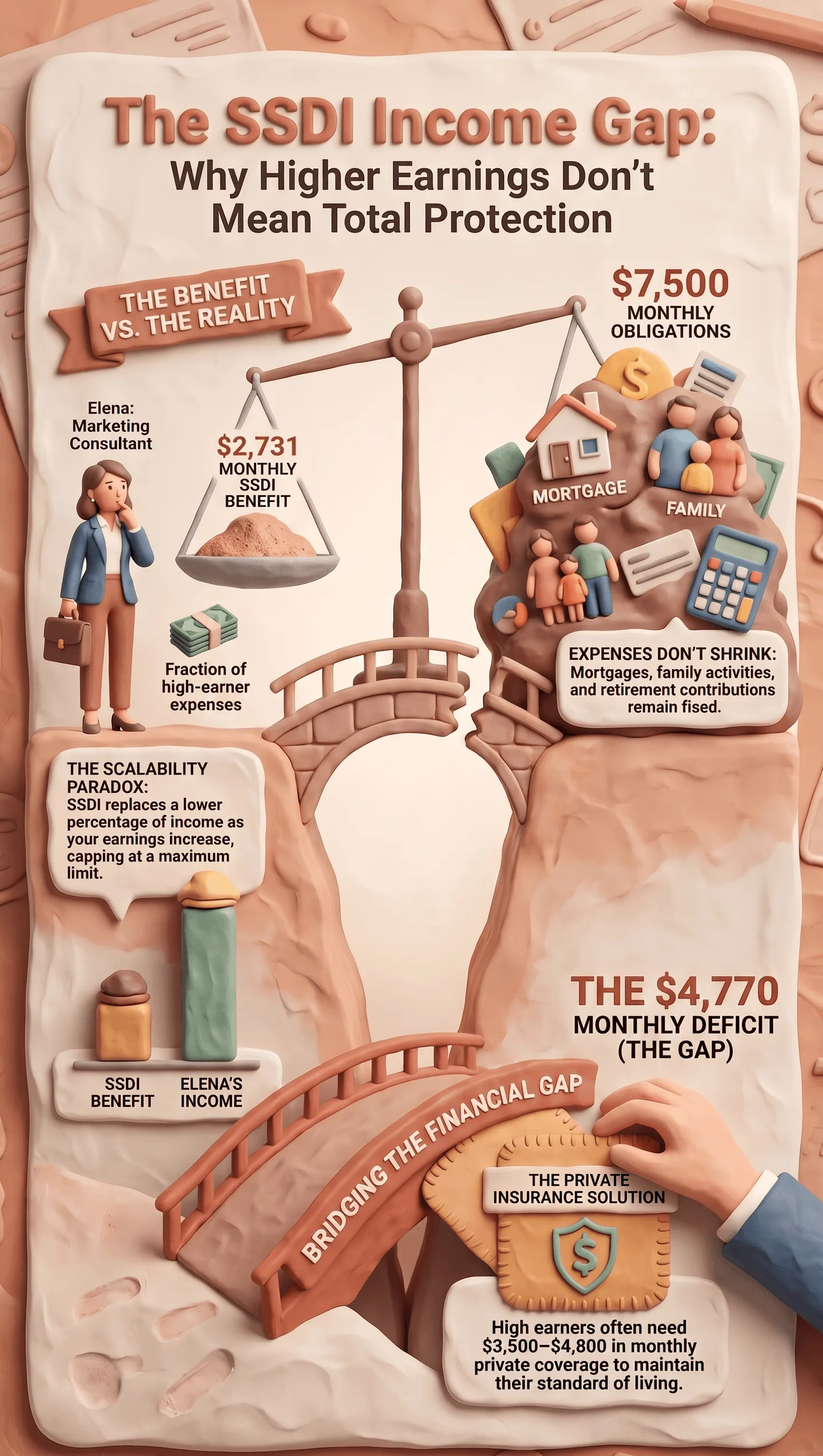 Understanding_the_SSDI_Income_Gap The SSDI Income Gap, illustrating the shortfall between high earner expenses ($7,500/mo) and SSDI maximum benefits ($2,731/mo), resulting in a $4,770 monthly deficit and private insurance solutions.